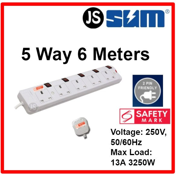 SUM 2/3/4/5 WAY Extension Socket (0.5, 1, 2, 3, 6, 10 Meters) With Singapore Safety Mark