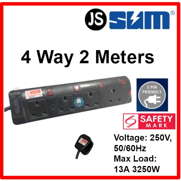 SUM 2/3/4/5 WAY Black Safety Extension Socket (0.5, 1, 2, 3, 6, 10 Meters) Singapore Safety Mark