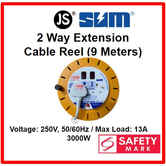 SUM 2 Way Extension Cable Reel (5, 6 & 9 Meters) With Safety Mark