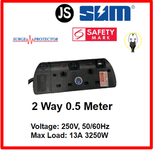 SUM 2/3/4/5/6 WAY Extension Cord Socket Plug Black (0.5, 1, 2, 3, 6, 10 Meters) Safety Mark, Surge Protector & EU 2 Pin Friendly
