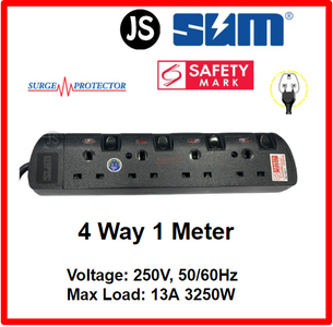 SUM 2/3/4/5/6 WAY Extension Cord Socket Plug Black (0.5, 1, 2, 3, 6, 10 Meters) Safety Mark, Surge Protector & EU 2 Pin Friendly