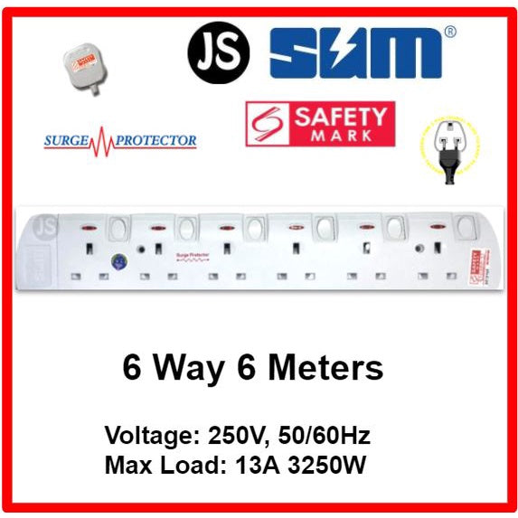 SUM 2/3/4/5/6 WAY Extension Socket (0.5, 1, 2, 3, 6, 10 Meters) with Surge Protector & Safety Mark