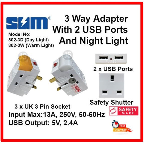 3 Way Adaptor with 2 USB Ports (2.4A) and Night Light & Safety Mark