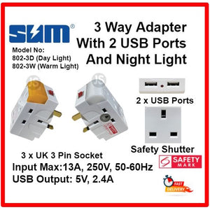 3 Way Adaptor with 2 USB Ports (2.4A) and Night Light & Safety Mark