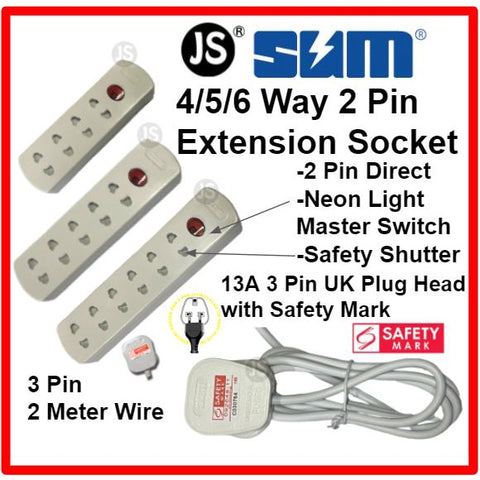 Image of 2 Pin Extension 4/5/6 Way Socket with 13A Approval Plug Top Safety Mark - 2 Meter