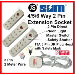 2 Pin Extension 4/5/6 Way Socket with 13A Approval Plug Top Safety Mark - 2 Meter