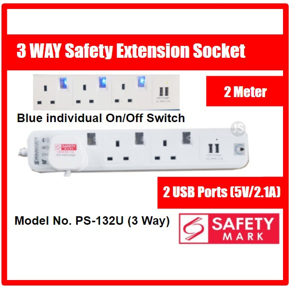 3 & 4 Way Extension Socket with 2 USB Ports (5V/2.1A) & Singapore Safety Mark (2 Meter)