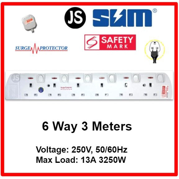 SUM 2/3/4/5/6 WAY Extension Socket (0.5, 1, 2, 3, 6, 10 Meters) with Surge Protector & Safety Mark