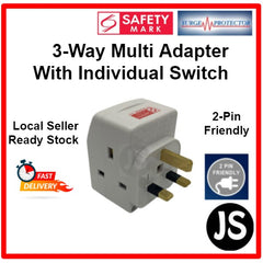 SUM 3 Way Multi-Adapter with Individual Switch, Surge Protection & Safety Mark