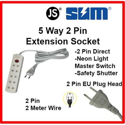 Image of 4/5/6 Way 2 Pin Extension Socket with 2 pin plug head (2 Meter)
