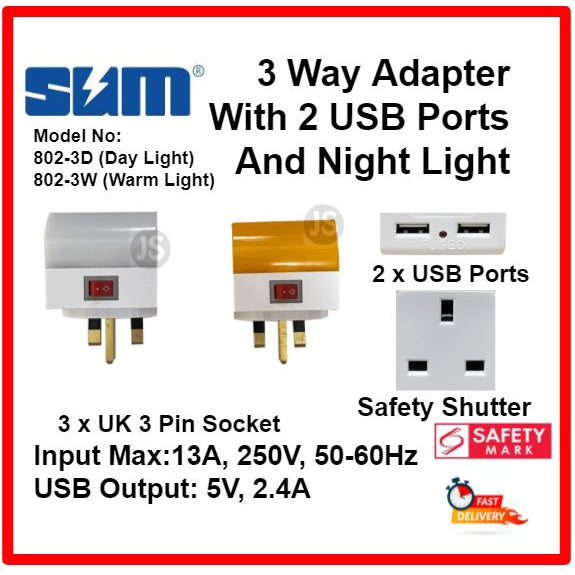 3 Way Adaptor with 2 USB Ports (2.4A) and Night Light & Safety Mark