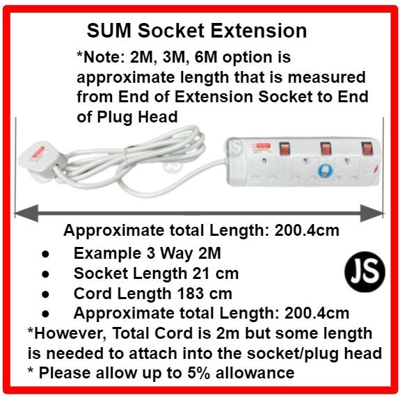 SUM 2/3/4/5 WAY Extension Socket (0.5, 1, 2, 3, 6, 10 Meters) With Singapore Safety Mark