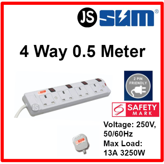 SUM 2/3/4/5 WAY Extension Socket (0.5, 1, 2, 3, 6, 10 Meters) With Singapore Safety Mark