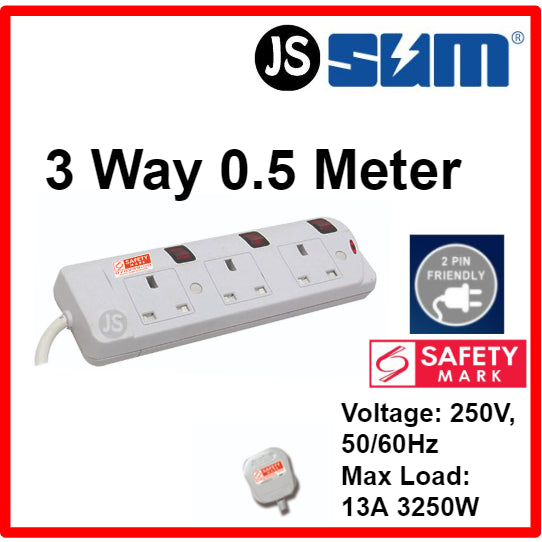 SUM 2/3/4/5 WAY Extension Socket (0.5, 1, 2, 3, 6, 10 Meters) With Singapore Safety Mark