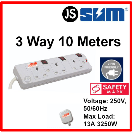 SUM 2/3/4/5 WAY Extension Socket (0.5, 1, 2, 3, 6, 10 Meters) With Singapore Safety Mark