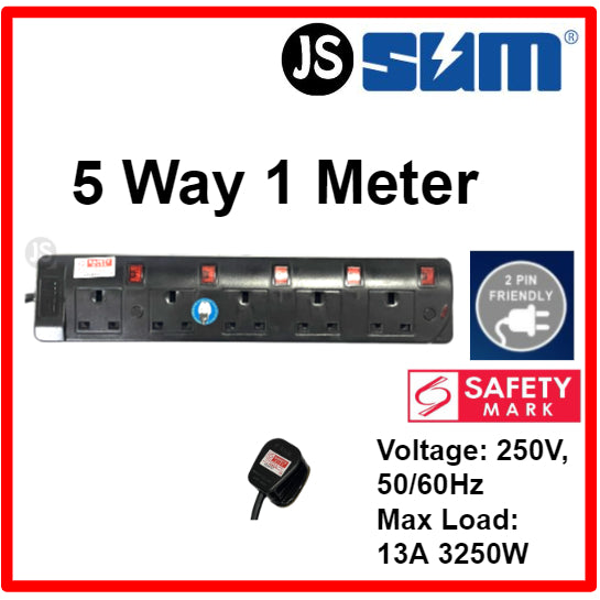 SUM 2/3/4/5 WAY Black Safety Extension Socket (0.5, 1, 2, 3, 6, 10 Meters) Singapore Safety Mark