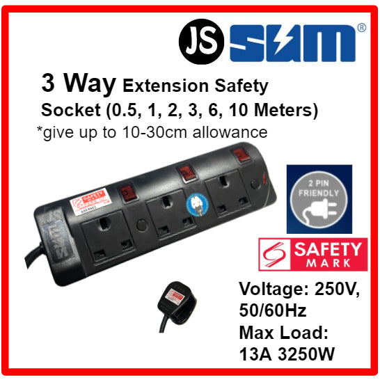 SUM 2/3/4/5 WAY Black Safety Extension Socket (0.5, 1, 2, 3, 6, 10 Meters) Singapore Safety Mark