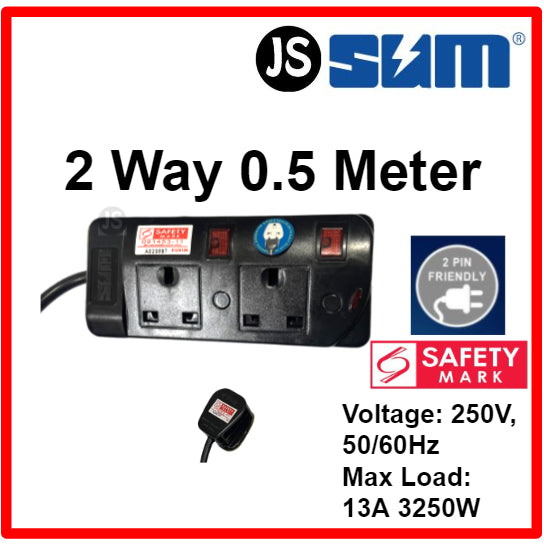 SUM 2/3/4/5 WAY Black Safety Extension Socket (0.5, 1, 2, 3, 6, 10 Meters) Singapore Safety Mark