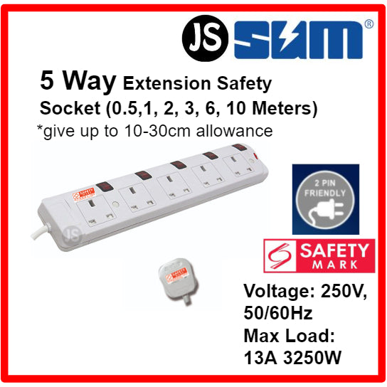 SUM 2/3/4/5 WAY Extension Socket (0.5, 1, 2, 3, 6, 10 Meters) With Singapore Safety Mark