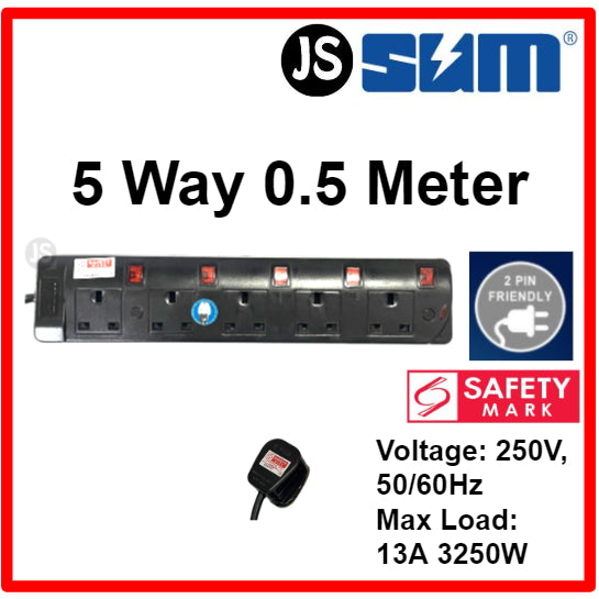 SUM 2/3/4/5 WAY Black Safety Extension Socket (0.5, 1, 2, 3, 6, 10 Meters) Singapore Safety Mark