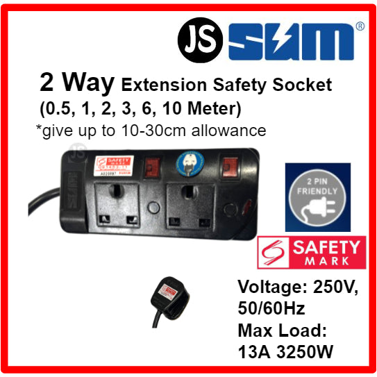 SUM 2/3/4/5 WAY Black Safety Extension Socket (0.5, 1, 2, 3, 6, 10 Meters) Singapore Safety Mark