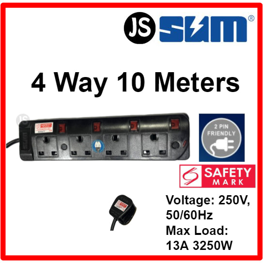 SUM 2/3/4/5 WAY Black Safety Extension Socket (0.5, 1, 2, 3, 6, 10 Meters) Singapore Safety Mark