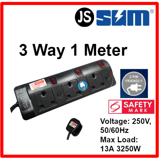 SUM 2/3/4/5 WAY Black Safety Extension Socket (0.5, 1, 2, 3, 6, 10 Meters) Singapore Safety Mark