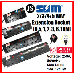 SUM 2/3/4/5 WAY Black Safety Extension Socket (0.5, 1, 2, 3, 6, 10 Meters) Singapore Safety Mark