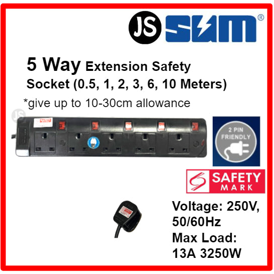 SUM 2/3/4/5 WAY Black Safety Extension Socket (0.5, 1, 2, 3, 6, 10 Meters) Singapore Safety Mark