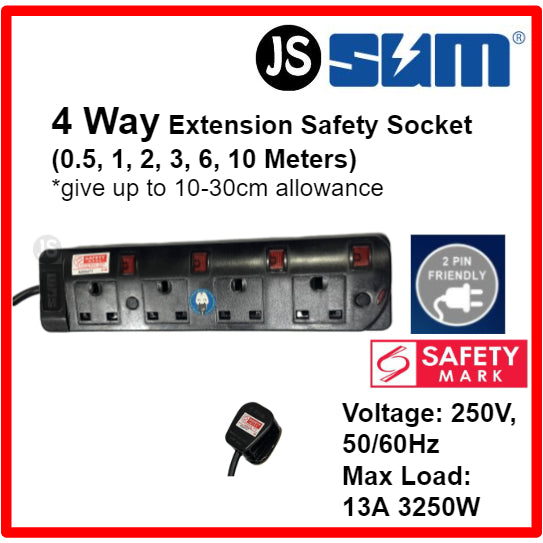 SUM 2/3/4/5 WAY Black Safety Extension Socket (0.5, 1, 2, 3, 6, 10 Meters) Singapore Safety Mark