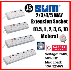 SUM 2/3/4/5 WAY Extension Socket (0.5, 1, 2, 3, 6, 10 Meters) With Singapore Safety Mark