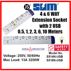 4 & 6 Way Extension Socket with 2 USB, Surge Protector with Safety Mark (0.5, 1, 2, 3 , 6, 10 meters)