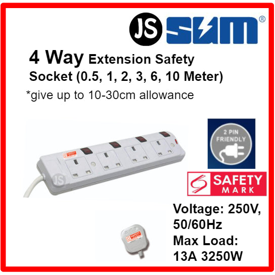 SUM 2/3/4/5 WAY Extension Socket (0.5, 1, 2, 3, 6, 10 Meters) With Singapore Safety Mark