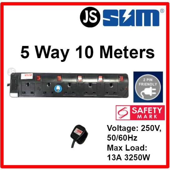 SUM 2/3/4/5 WAY Black Safety Extension Socket (0.5, 1, 2, 3, 6, 10 Meters) Singapore Safety Mark