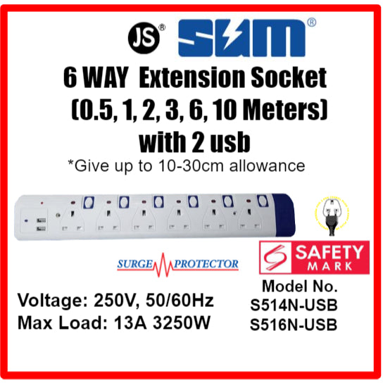 4 & 6 Way Extension Socket with 2 USB, Surge Protector with Safety Mark (0.5, 1, 2, 3 , 6, 10 meters)