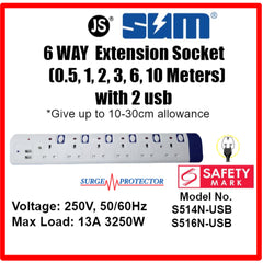 4 & 6 Way Extension Socket with 2 USB, Surge Protector with Safety Mark (0.5, 1, 2, 3 , 6, 10 meters)