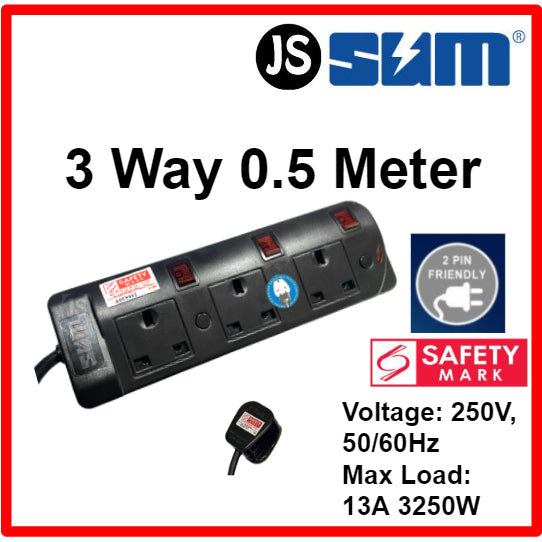 SUM 2/3/4/5 WAY Black Safety Extension Socket (0.5, 1, 2, 3, 6, 10 Meters) Singapore Safety Mark