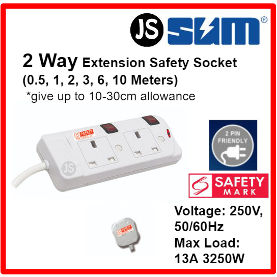 SUM 2/3/4/5 WAY Extension Socket (0.5, 1, 2, 3, 6, 10 Meters) With Singapore Safety Mark