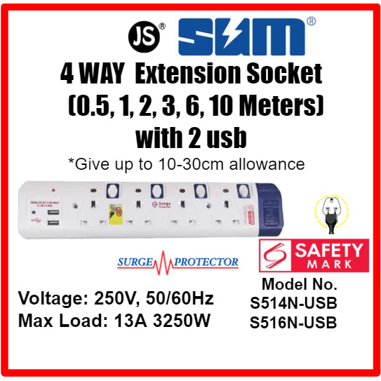 4 & 6 Way Extension Socket with 2 USB, Surge Protector with Safety Mark (0.5, 1, 2, 3 , 6, 10 meters)