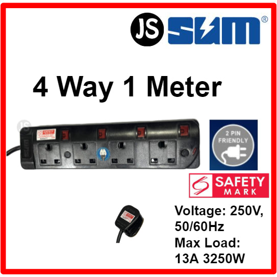 SUM 2/3/4/5 WAY Black Safety Extension Socket (0.5, 1, 2, 3, 6, 10 Meters) Singapore Safety Mark