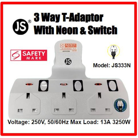 Image of 3 Way T Adaptor with Neon and Switch & Singapore Safety Mark