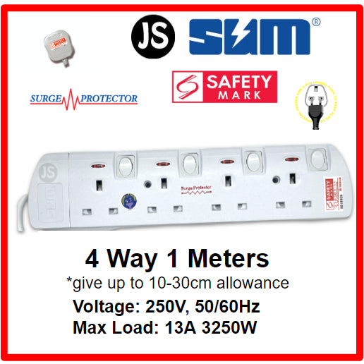 SUM 2/3/4/5/6 WAY Extension Socket (0.5, 1, 2, 3, 6, 10 Meters) with Surge Protector & Safety Mark