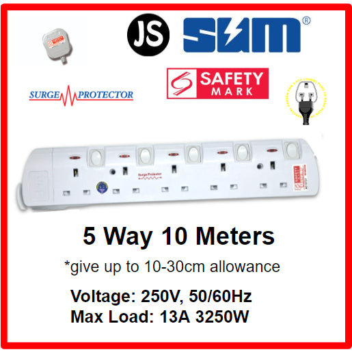 SUM 2/3/4/5/6 WAY Extension Socket (0.5, 1, 2, 3, 6, 10 Meters) with Surge Protector & Safety Mark