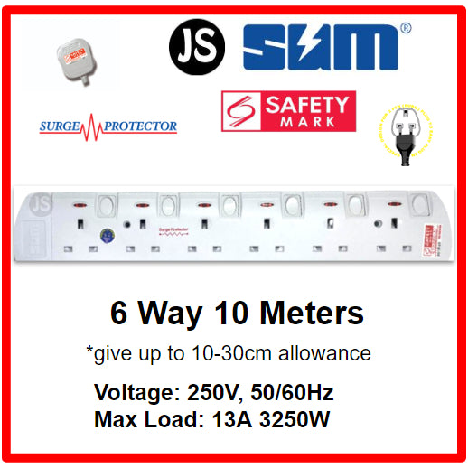 SUM 2/3/4/5/6 WAY Extension Socket (0.5, 1, 2, 3, 6, 10 Meters) with Surge Protector & Safety Mark