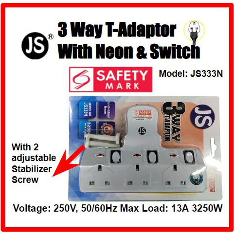 3 Way T Adaptor with Neon and Switch & Singapore Safety Mark