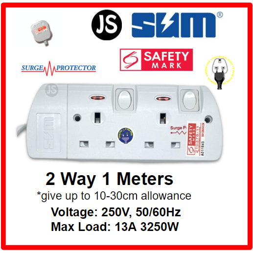 SUM 2/3/4/5/6 WAY Extension Socket (0.5, 1, 2, 3, 6, 10 Meters) with Surge Protector & Safety Mark