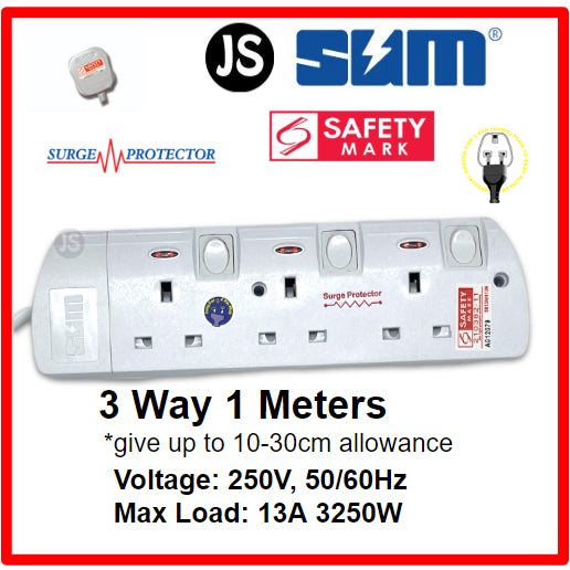 SUM 2/3/4/5/6 WAY Extension Socket (0.5, 1, 2, 3, 6, 10 Meters) with Surge Protector & Safety Mark