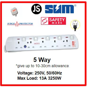 SUM 2/3/4/5/6 WAY Extension Socket (0.5, 1, 2, 3, 6, 10 Meters) with Surge Protector & Safety Mark