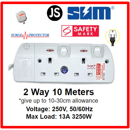 SUM 2/3/4/5/6 WAY Extension Socket (0.5, 1, 2, 3, 6, 10 Meters) with Surge Protector & Safety Mark