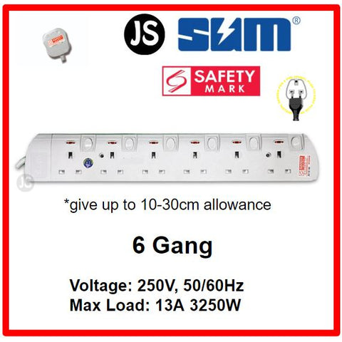 2/3/4/5/6 Gang Extension Socket with Singapore Safety Mark (0.5, 1, 2, 3, 6 & 10 Meters)